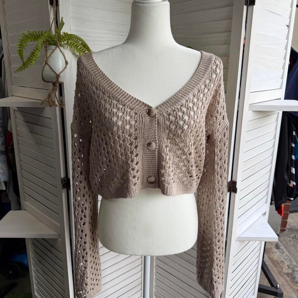 Y2k boho cream crochet cardigan with button up front